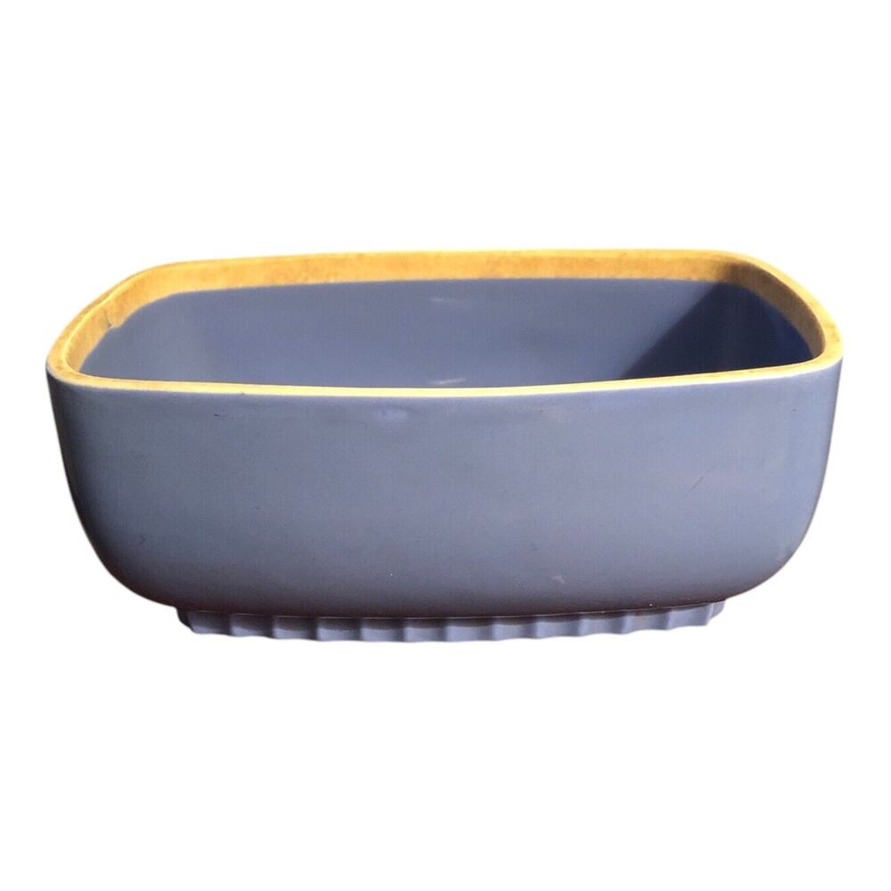 Vintage Hall Pottery Montgomery Ward Blue Gold Trim Rectangular Dish 8” USA